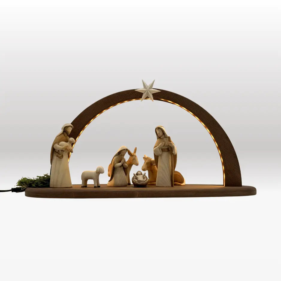 Krippenfiguren Set (7 Figuren) von Akantus bemalt mit Stall "Sternenschein" dunkel