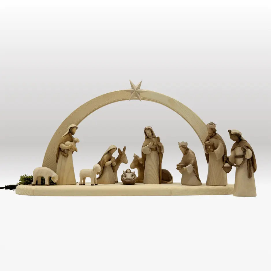 Krippenfiguren Set (11 Figuren) von Akantus bemalt mit Stall "Sternenschein" natur