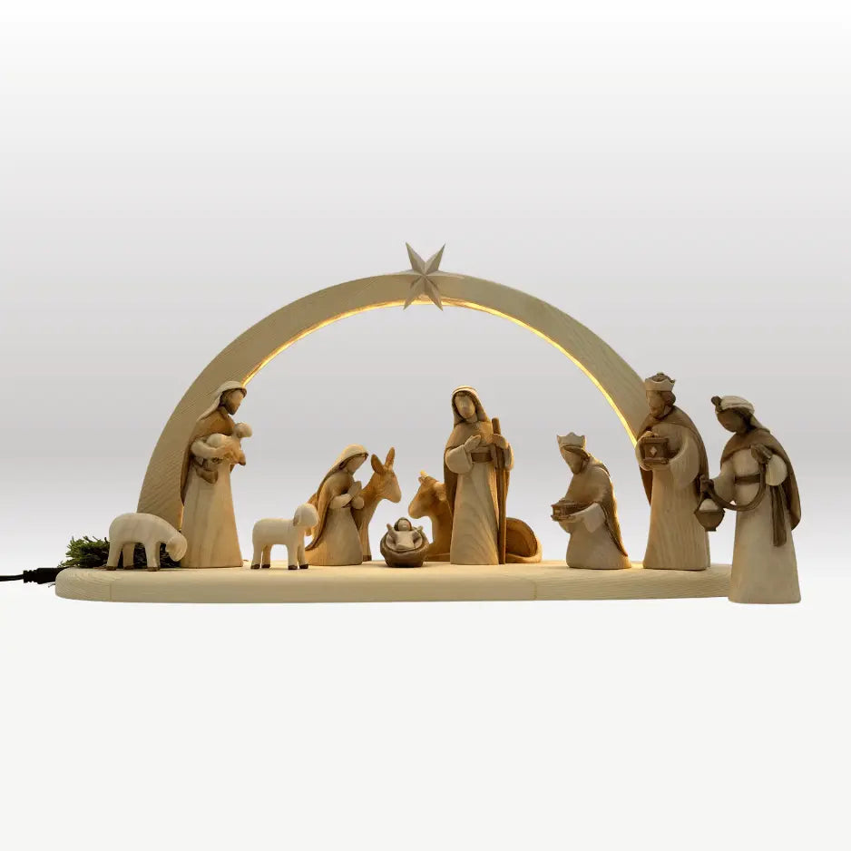 Krippenfiguren Set (11 Figuren) von Akantus bemalt mit Stall "Sternenschein" natur