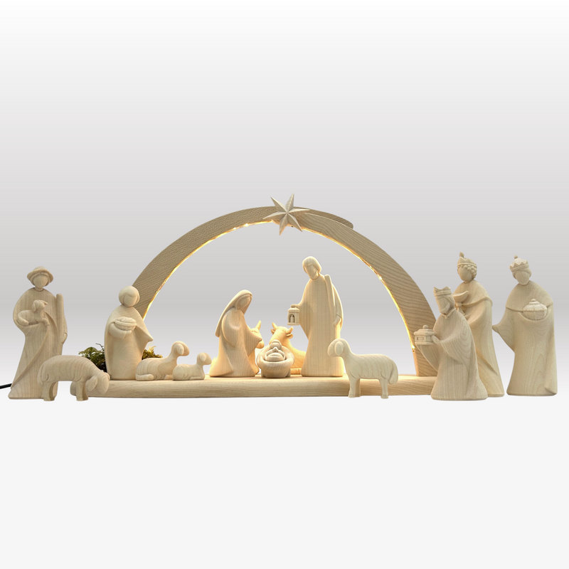 Krippenfiguren Set mit Stall Sternenschein mit Beleuchtung 14 Figuren von Leonardo natur