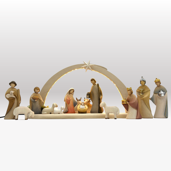 Krippenfiguren Set mit Stall Sternenschein mit Beleuchtung 14 Figuren von Leonardo bemalt