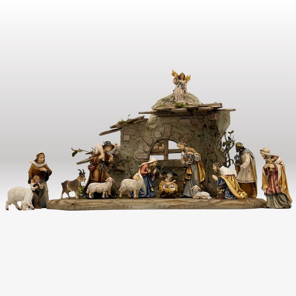 Krippenfiguren Set mit Rustikaler Stall 15 Figuren von Kostner