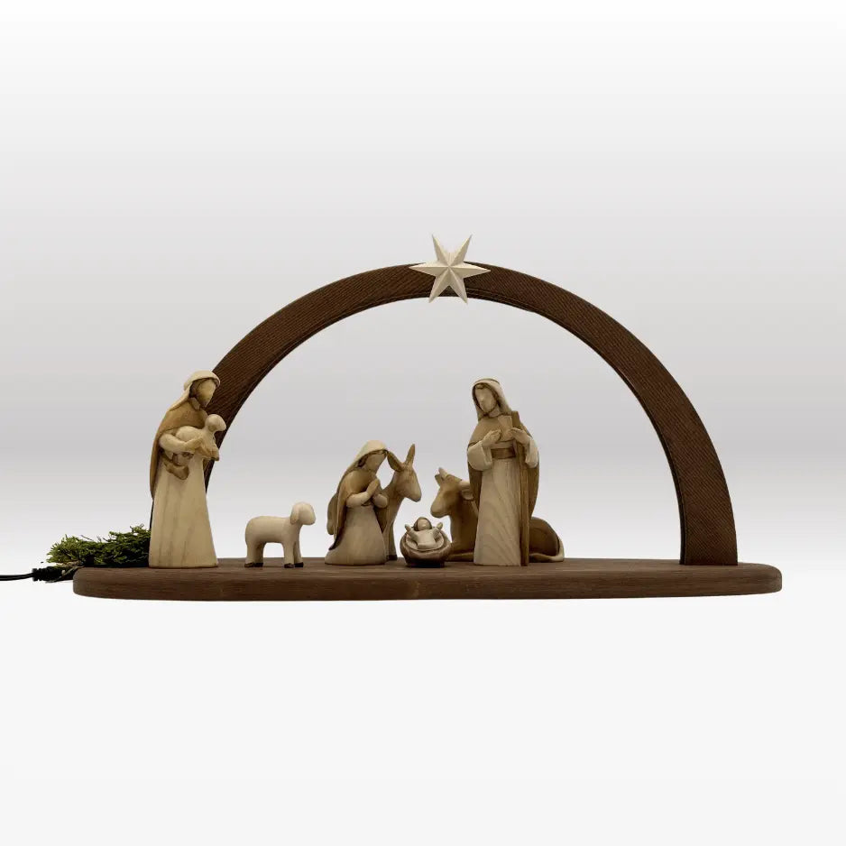 Krippenfiguren Set (7 Figuren) von Akantus bemalt mit Stall "Sternenschein" dunkel