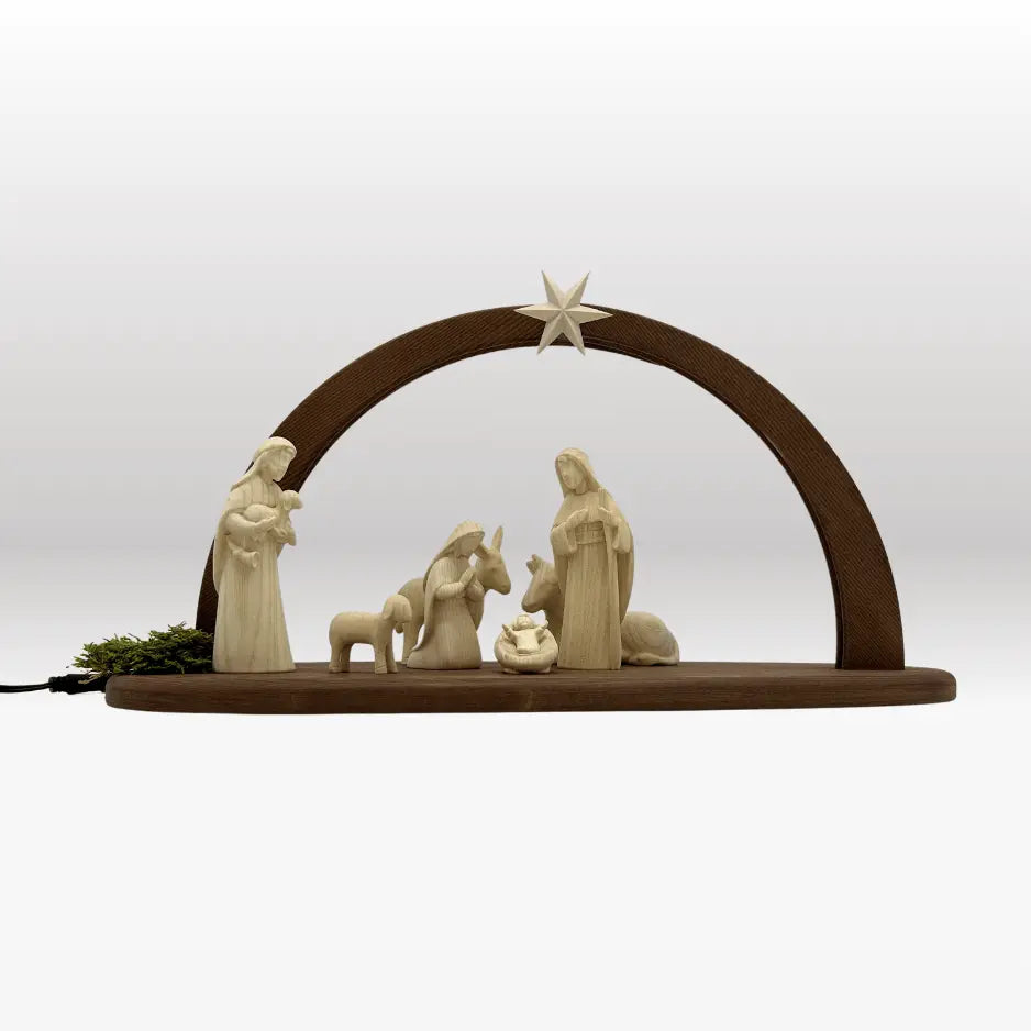 Krippenfiguren Set (7 Figuren) von Akantus natur mit Stall "Sternenschein" dunkel