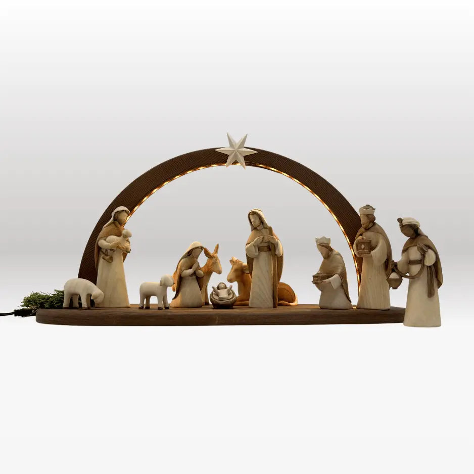 Krippenfiguren Set 11 Figuren von Akantus bemalt mit Stall "Sternenschein" dunkel