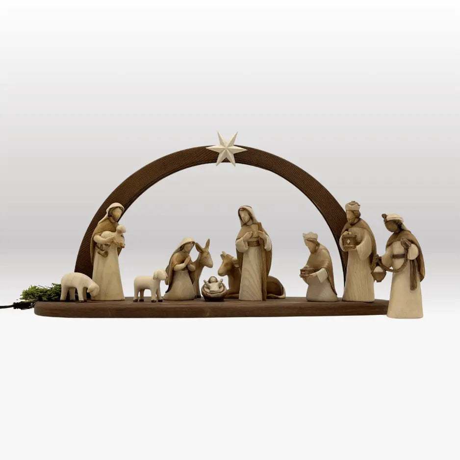 Krippenfiguren Set 11 Figuren von Akantus bemalt mit Stall "Sternenschein" dunkel