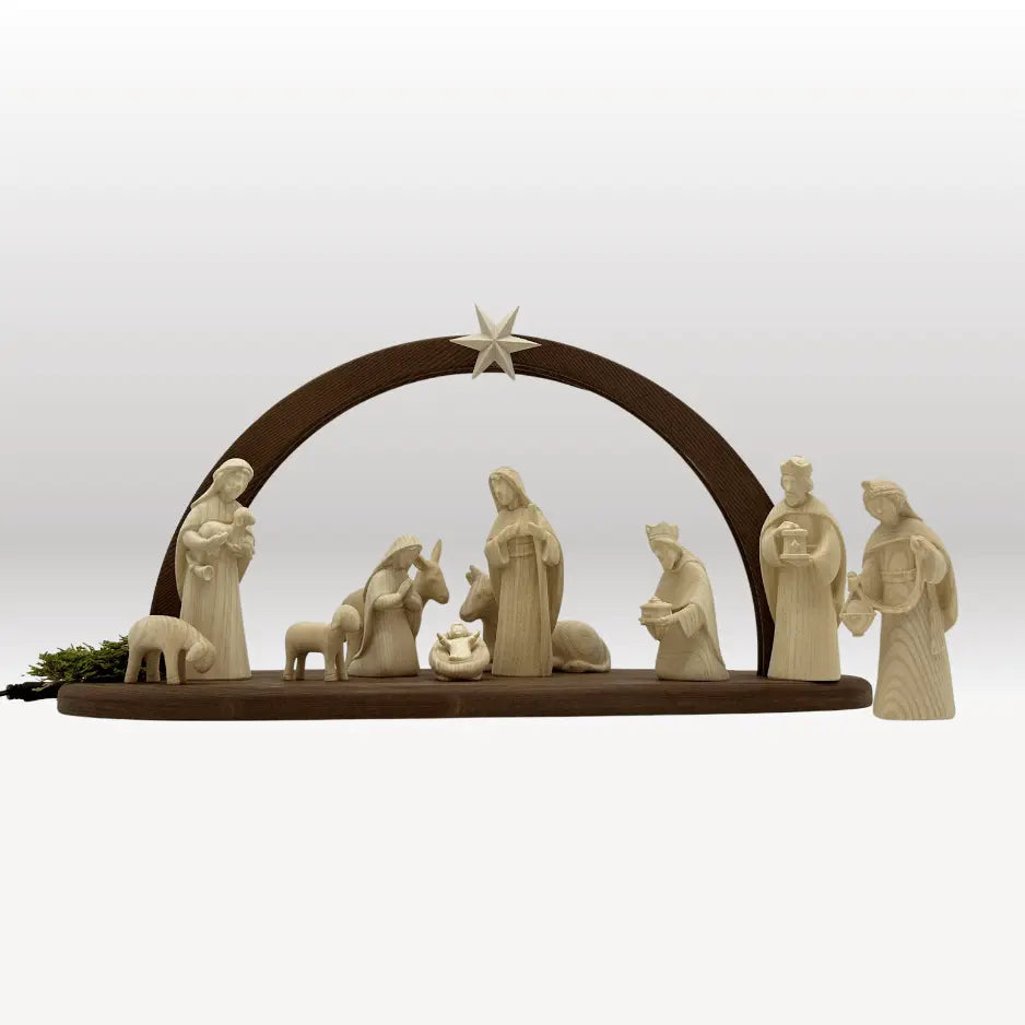 Krippenfiguren Set (11 Figuren) von Akantus natur mit Stall "Sternenschein" dunkel