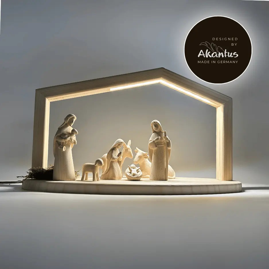 Krippenfiguren Set (7 Figuren) von Akantus natur mit Stall "Akantus Design" natur