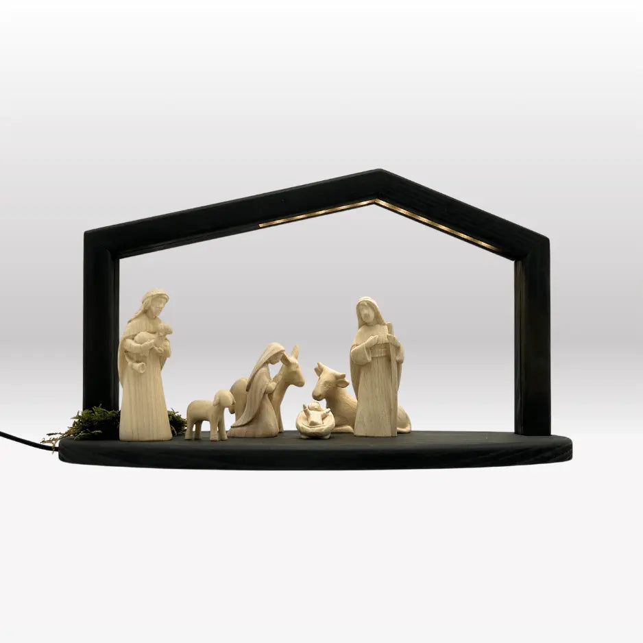 Krippenfiguren Set (7 Figuren) von Akantus natur mit Stall "Akantus Design" grau