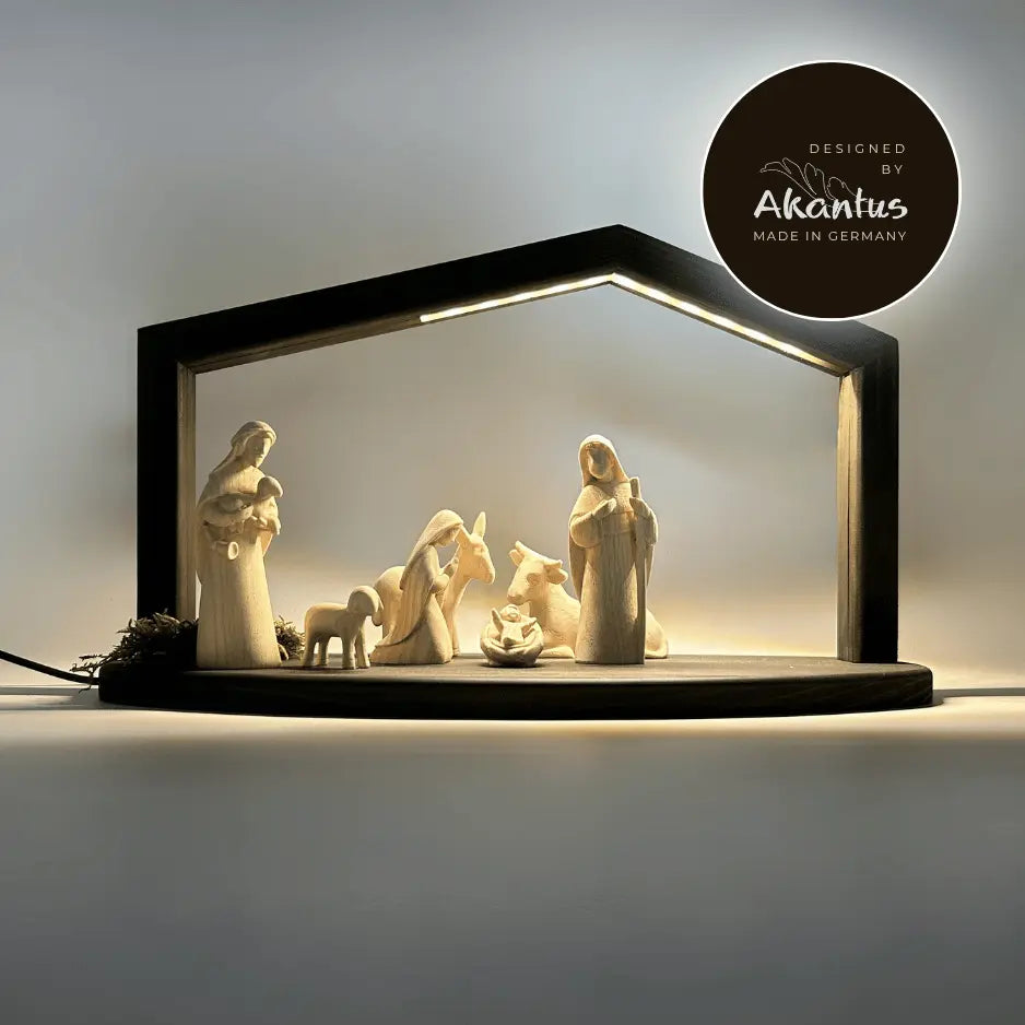 Krippenfiguren Set (7 Figuren) von Akantus natur mit Stall "Akantus Design" grau