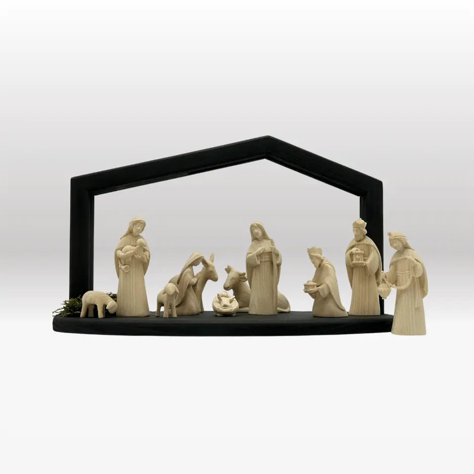 Krippenfiguren Set (11 Figuren) von Akantus natur mit Stall "Akantus Design" grau