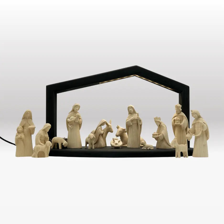 Krippenfiguren Set (15 Figuren) von Akantus natur mit Stall "Akantus Design" grau
