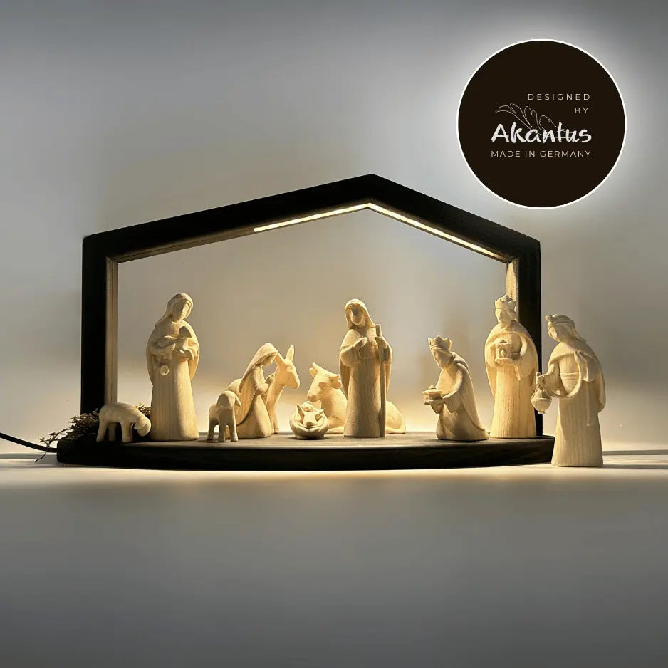 Krippenfiguren Set (11 Figuren) von Akantus natur mit Stall "Akantus Design" grau