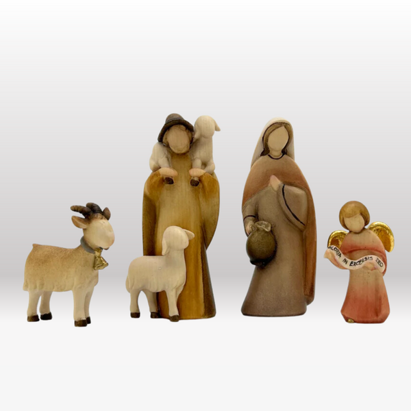 4er Set Frau, Hirte, Engel und Ziege Krippenfiguren von Leonardo bemalt