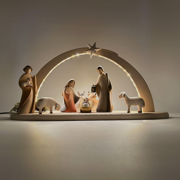 Krippenfiguren Set mit Stall Sternenschein mit Beleuchtung 8 Figuren von Leonardo bemalt