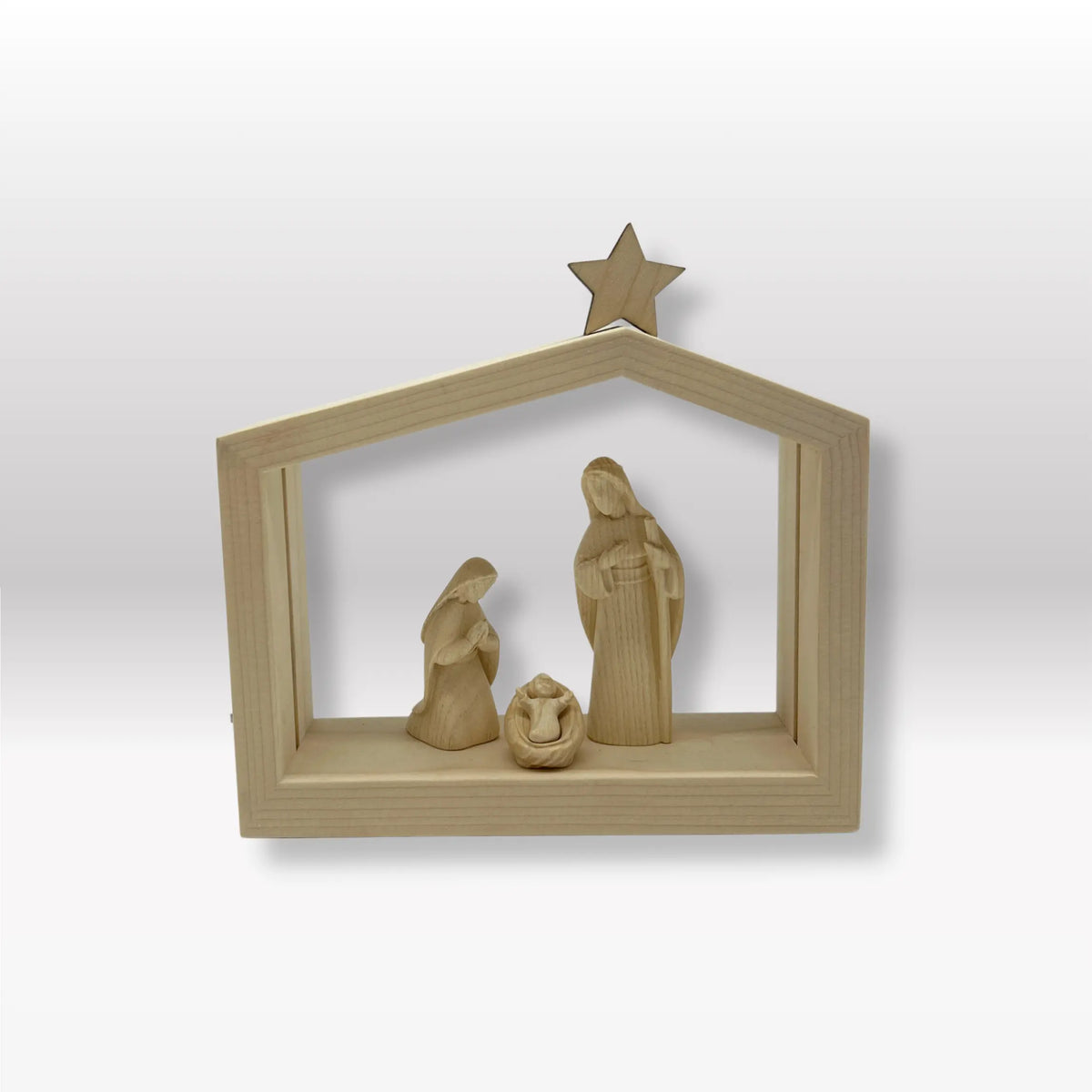 Heilige Familie (3 Figuren) von Akantus natur mit Familienhaus "Akantus Design" Fichte natur