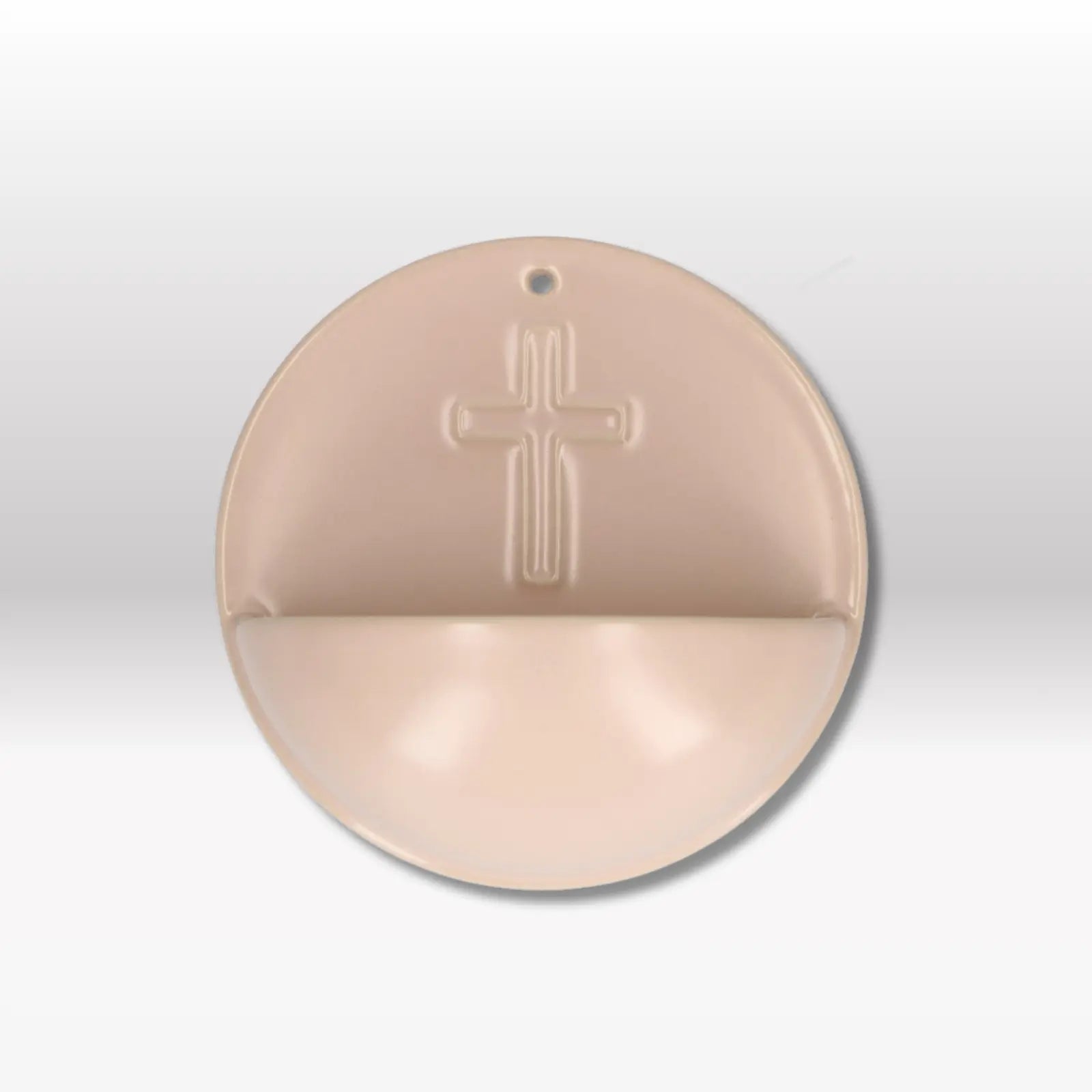 Porzellan- Weihwaserbecken mit Kreuzmotiv beige