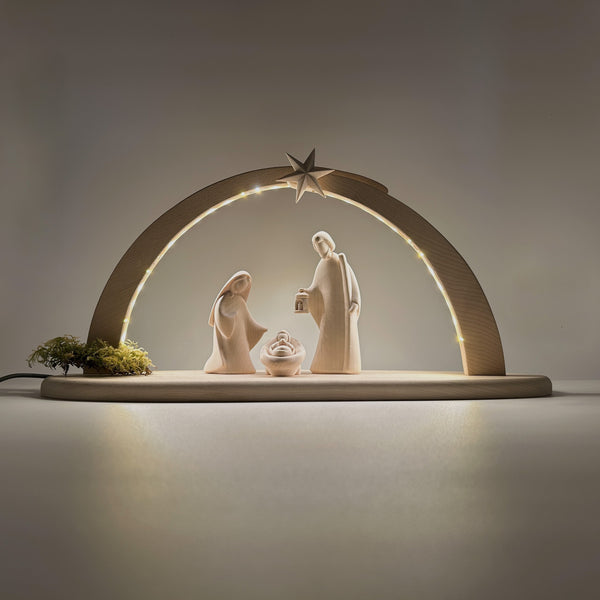 Heilige Familie 3er Set mit Stall Sternenschein mit Beleuchtung von Leonardo natur