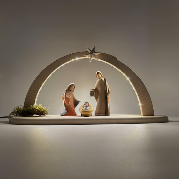 Heilige Familie 3er Set mit Stall Sternenschein mit Beleuchtung Leonardo bemalt