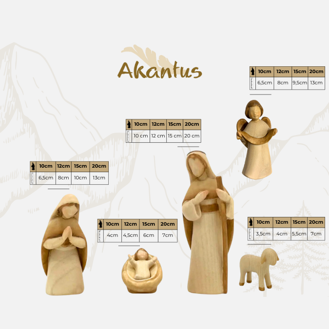 Krippenfiguren Set mit modernem Stall, Beleuchtung und 11 Figuren von Akantus Größentabelle